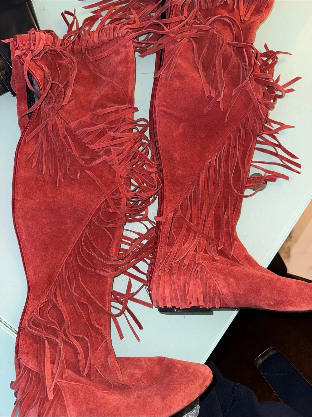 Sam Edelman Red Suede Over-the-Knee Fringe Boots